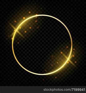 Circle shiny golden frame. Glowing round border with magic sparkles greeting cards. Vector template festive gold round shapes on transparent background. Circle shiny golden frame. Glowing round border greeting cards. Vector round shapes on transparent background