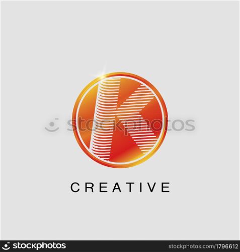 Circle Techno Sun K Letter Logo, creative Vector design concept circle sun with strip alphabet letter logo icon.