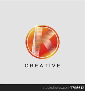 Circle Techno Sun K Letter Logo, creative Vector design concept circle sun with strip alphabet letter logo icon.