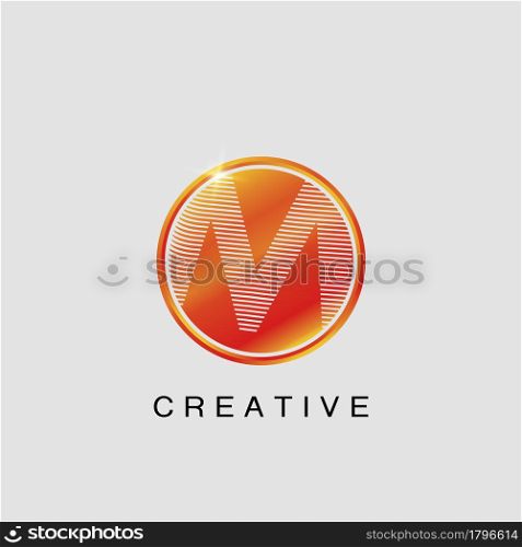 Circle Techno Sun M Letter Logo, creative Vector design concept circle sun with strip alphabet letter logo icon.