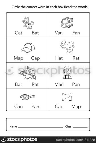 Circle the correct word in each box read the words.color the picture illustration, vector