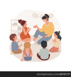 Circle time isolated cartoon vector illustration. Kids sitting in circle, teacher talks to children, natural environment classroom, Waldorf preschool, communication time vector cartoon.. Circle time isolated cartoon vector illustration.