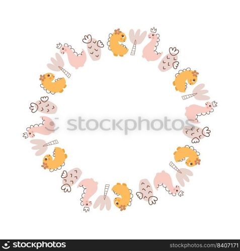 Circle Vector dino princess girl frame with dinosaurs and hand drawn flowers and cactus with place for your text. Greeting card, poster design scandinavian element.. Circle Vector dino princess girl frame with dinosaurs and hand drawn flowers and cactus with place for your text. Greeting card, poster design scandinavian element