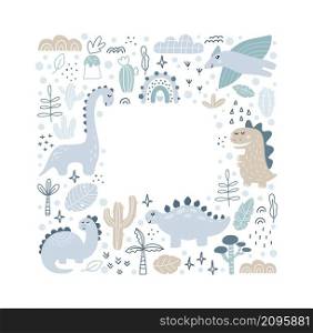 Circle Vector frame with dinosaurs and hand lettering dino with place for your text on white background. Greeting card, poster design scandinavian element.. Circle Vector frame with dinosaurs and hand lettering dino with place for your text on white background. Greeting card, poster design scandinavian element