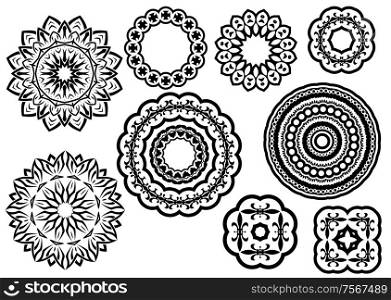 Circle vignette lace ornaments set in medieval style, isolated on white background. For decorate plates or another background