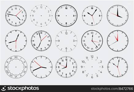 Circle watch face. Clock with marks numbers and arrows. Vector isolated set image design dials watch. Circle watch face. Clock with marks numbers and arrows. Vector isolated set