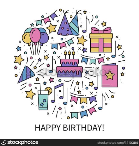 Circle with Birthday Symbols in Line Style. Basic Party Elements Concept Theme. Unique Birthday Round Print. Icons. Circle with Birthday Symbols in Line Style. Basic Party Elements Concept Theme. Unique Birthday Round Print. Icons.
