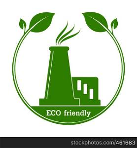 Circle with foliage and industrial plant silhouette with ECO-friendly lettering. Logo blank, flat design
