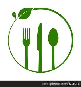 Circle with leaves and Cutlery. Blank for menu, flat design