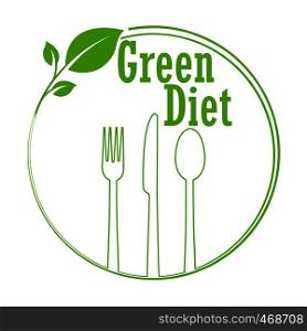 Circle with leaves and Cutlery labeled Green Diet. Blank for menu, flat design