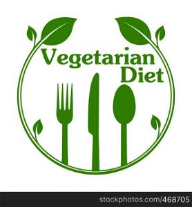 Circle with leaves and Cutlery labeled Vegetarian Diet. Blank for menu, flat design