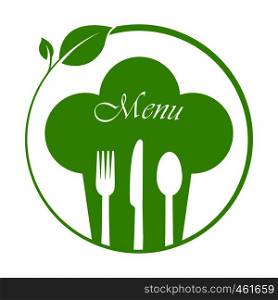 Circle with leaves, Cutlery and a chef's hat with menu inscription. Blank for menu, flat design