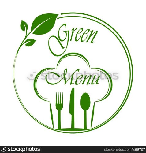 circle with leaves, Cutlery and a chef's hat with the inscription Green Menu. Blank for menu, flat design