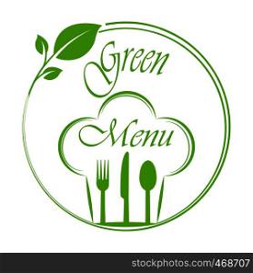 circle with leaves, Cutlery and a chef's hat with the inscription Green Menu. Blank for menu, flat design