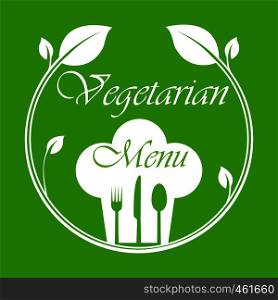 Circle with leaves, Cutlery and a chef's hat with the inscription Vegetarian Menu. Blank for menu, flat design