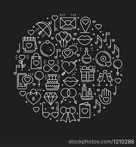 Circle with love symbols in line style. Love couple relationship dating wedding romantic amour concept theme. Unique Valentine day round print. Elements, icons. Circle with love symbols in line style. Love couple relationship dating wedding romantic amour concept theme. Unique Valentine day round print. Elements, icons.