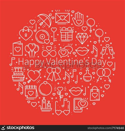 Circle with love symbols in line style. Love couple relationship dating wedding romantic amour concept theme. Unique Valentine day round print. Elements, icons. Circle with love symbols in line style. Love couple relationship dating wedding romantic amour concept theme. Unique Valentine day round print. Elements, icons.