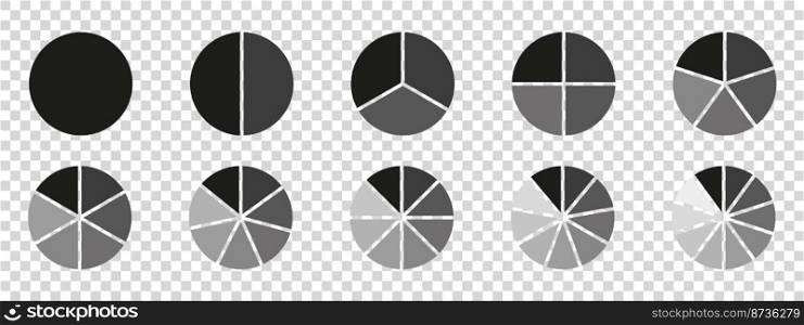 Circles divided diagram 3, 10, 7, graph icon pie shape section chart. Segment circle round vector 6, 9 devide infographic.. Circles divided diagram 3, 10, 7, graph icon pie shape section chart. Segment circle round vector 6, 9 devide infographic