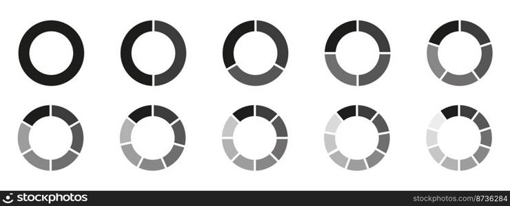 Circles divided diagram 3, 10, 7, graph icon pie shape section chart. Segment circle round vector 6, 9 devide infographic.