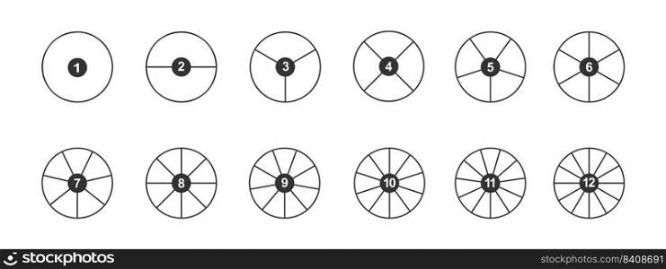Circles divided in segments with numbers from 1 to 12. Outline round shapes cut in equal parts. Simple graphic pie or donut chart ex&les isolated on white background. Vector linear illustration.. Circles divided in segments with numbers from 1 to 12. Outline round shapes cut in equal slices. Simple graphic pie or donut chart ex&les