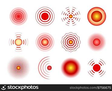 Circles pain. Painful target red spot, muscle and joint pain local spots. Hurt localization markers. Headaches, belly hurt or sound waves single elements. Painkiller pills sign vector isolated set. Circles pain. Painful target red spot, muscle and joint pain local spots. Hurt localization markers. Headaches, belly hurt or sound waves elements. Painkiller pills sign vector set
