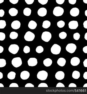 Circles seamless pattern. Retro hand drawn circles ornament. Polka dot pattern. Round shapes. Grunge painted ornament on black background. Vector illustration. Circles seamless pattern. Retro hand drawn circles ornament. Polka dot pattern.