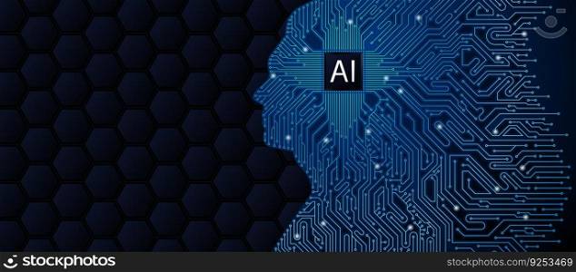 Circuit board in light blue lines and dots with microprocessor with letters AI inside the blue silhouette of a man's head against a background of dark hexagons. Artificial intelligence concept