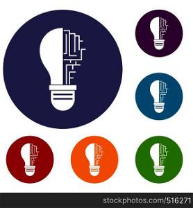 Circuit board inside light bulb icons set in flat circle red, blue and green color for web. Circuit board inside light bulb icons set