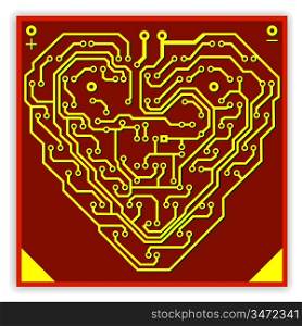 Circuit board pattern in the shape of the heart. Illustration. Vector.