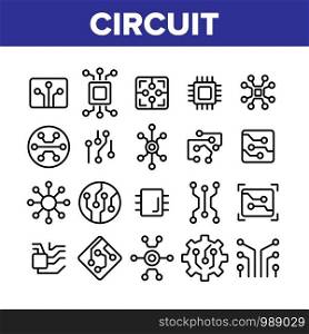 Circuit Computer Chip Collection Icons Set Vector Thin Line. Different Electronic Circuit And Electronic Module, Processor And Micro-scheme Concept Linear Pictograms. Monochrome Contour Illustrations. Circuit Computer Chip Collection Icons Set Vector