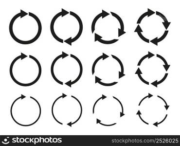 Circular arrows. Round arrow icons. Circle loop for reset, spin, repeat and reload. Set of arrows for rewind, rotate, synchronize and ui. Isolated symbols. Vector.