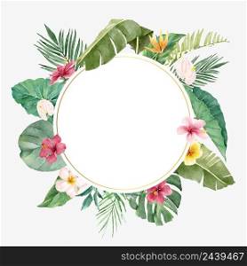 Circular banner with tropical flowers and green leaves