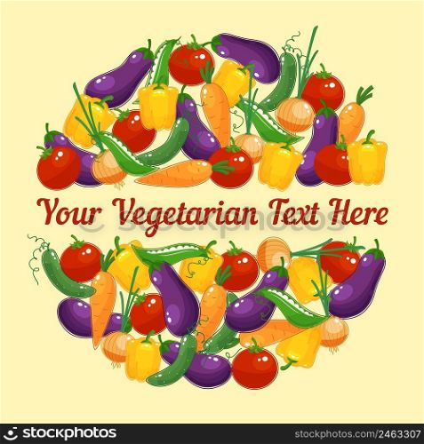 Circular design for a vegetarian greeting card with colorful vivid fresh vegetables including sweet pepper  onion  peas  cucumber  carrot  tomato and eggplant   vector illustration with copyspace