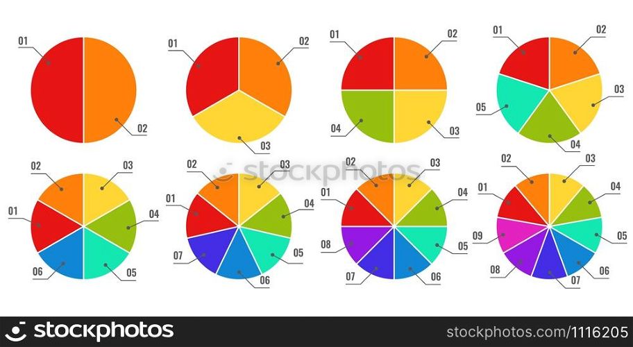 Circular diagrams. Segmented and multicolored pie charts, financial process planning with parts or steps, infographic graph vector charting progress elements. Circular diagrams. Segmented and multicolored pie charts, financial process planning with parts or steps, infographic graph vector elements