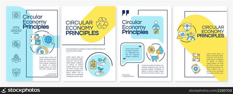 Circular economy concepts blue and yellow brochure template. Recycle and reuse. Leaflet design with linear icons. 4 vector layouts for presentation, annual reports. Questrial, Lato-Regular fonts used. Circular economy concepts blue and yellow brochure template