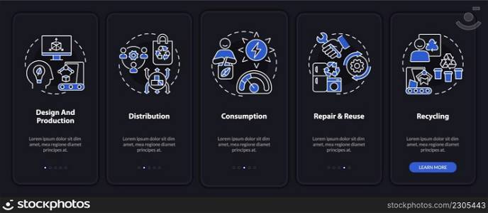 Circular economy implementation night mode onboarding mobile app screen. Walkthrough 5 steps graphic instructions pages with linear concepts. UI, UX, GUI template. Myriad Pro-Bold, Regular fonts used. Circular economy implementation night mode onboarding mobile app screen