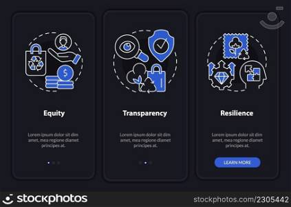Circular economy key principles night mode onboarding mobile app screen. Walkthrough 3 steps graphic instructions pages with linear concepts. UI, UX, GUI template. Myriad Pro-Bold, Regular fonts used. Circular economy key principles night mode onboarding mobile app screen