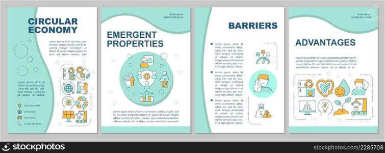 Circular economy model mint brochure template. Barriers and advantages. Leaflet design with linear icons. 4 vector layouts for presentation, annual reports. Arial, Myriad Pro-Regular fonts used. Circular economy model mint brochure template