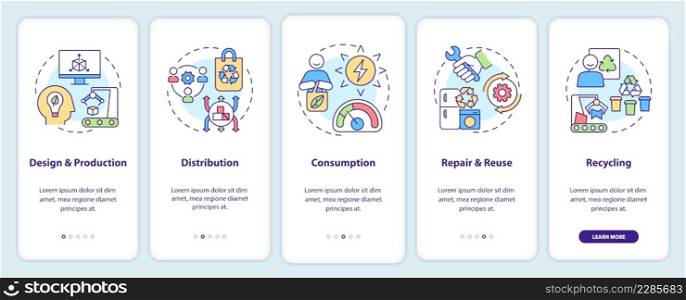 Circular economy process onboarding mobile app screen. Efficiency walkthrough 5 steps graphic instructions pages with linear concepts. UI, UX, GUI template. Myriad Pro-Bold, Regular fonts used. Circular economy process onboarding mobile app screen