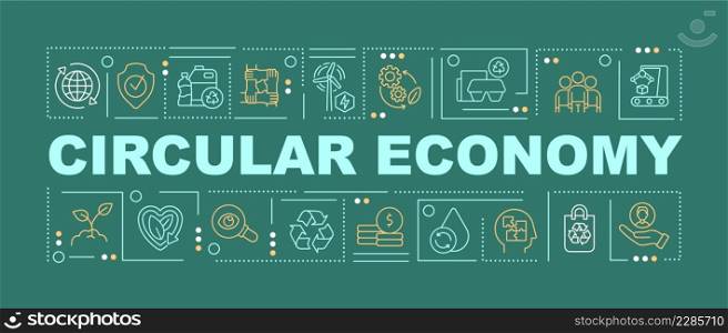 Circular economy solutions word concepts dark green banner. Sustainability. Infographics with icons on color background. Isolated typography. Vector illustration with text. Arial-Black font used. Circular economy solutions word concepts dark green banner