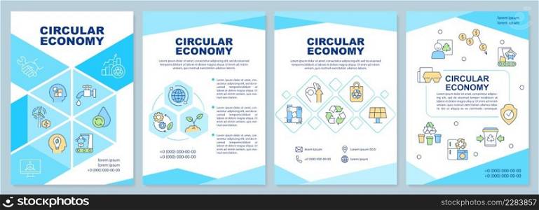Circular economy turquoise brochure template. Natural resources usage. Leaflet design with linear icons. 4 vector layouts for presentation, annual reports. Arial-Black, Myriad Pro-Regular fonts used. Circular economy turquoise brochure template