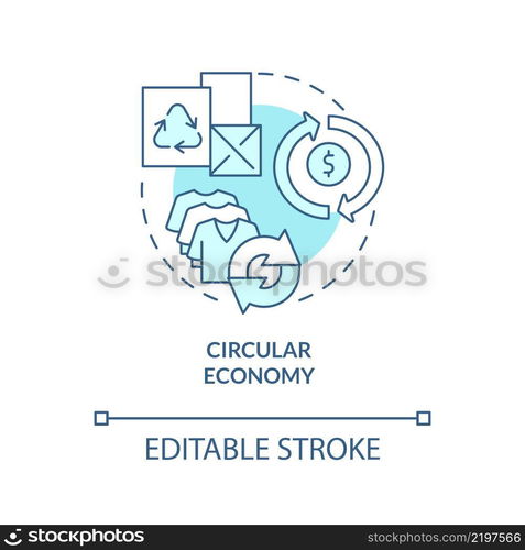 Circular economy turquoise concept icon. Tackle global warming. Economy models abstract idea thin line illustration. Isolated outline drawing. Editable stroke. Arial, Myriad Pro-Bold fonts used. Circular economy turquoise concept icon