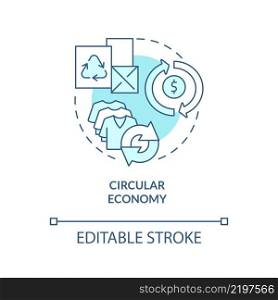 Circular economy turquoise concept icon. Tackle global warming. Economy models abstract idea thin line illustration. Isolated outline drawing. Editable stroke. Arial, Myriad Pro-Bold fonts used. Circular economy turquoise concept icon