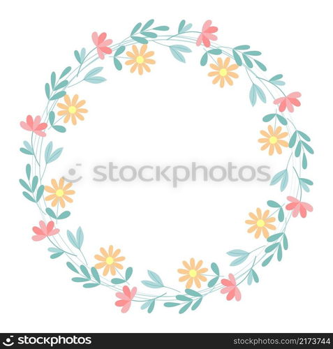 Circular floral frame. Spring botanical wreath with flowers and greenery. Rim blooming wild flowers, vector isolated illustration. Spring botanical wreath with flowers and greenery