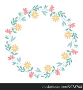 Circular floral frame. Spring botanical wreath with flowers and greenery. Rim blooming wild flowers, vector isolated illustration. Spring botanical wreath with flowers and greenery