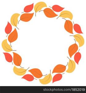 Circular frame fall leaves vector illustration. Autumn rim with red yellow and orange foliage. Round deciduous botanical seasonal wreath. Template for text.. Circular frame fall leaves vector illustration.