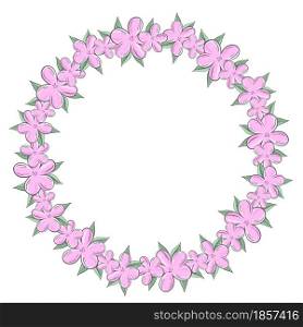 Circular frame from delicate blooming pink flowers vector illustration. Round floral wreath. Template for invitation or greeting card. Romantic rim with flowers and leaves.. Circular frame from delicate blooming pink flowers vector illustration.