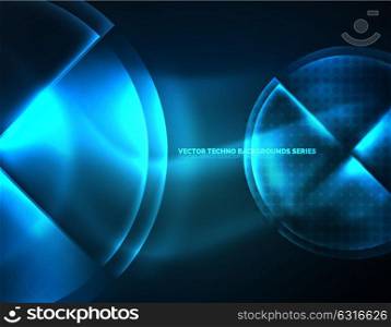 Circular glowing neon shapes, techno background. Circular blue glowing neon shapes, techno background. Abstract shiny transparent circles on dark technology space