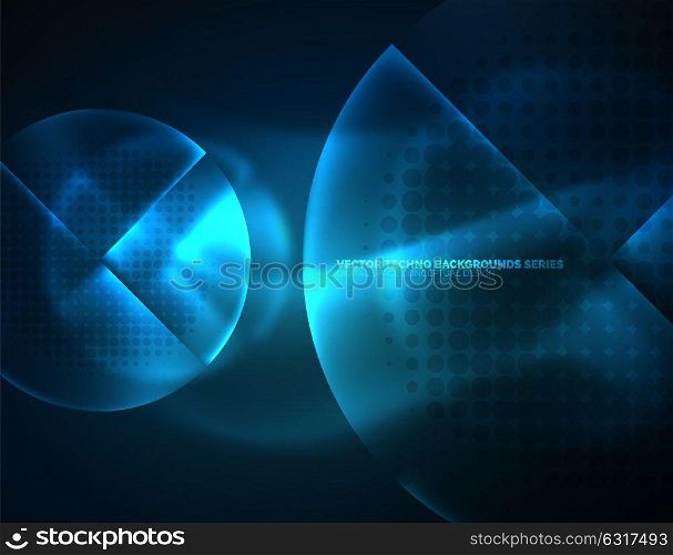 Circular glowing neon shapes, techno background. Circular blue glowing neon shapes, techno background. Abstract shiny transparent circles on dark technology space