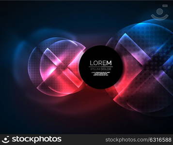 Circular glowing neon shapes, techno background. Circular glowing neon shapes, techno background. Abstract shiny transparent circles on dark technology space